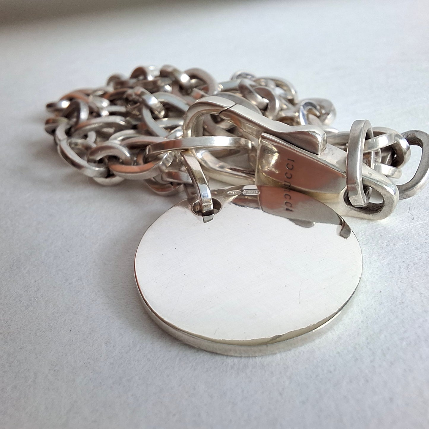 Vintage Gucci Round Tag Logo Necklace in Hallmarked Sterling Silver