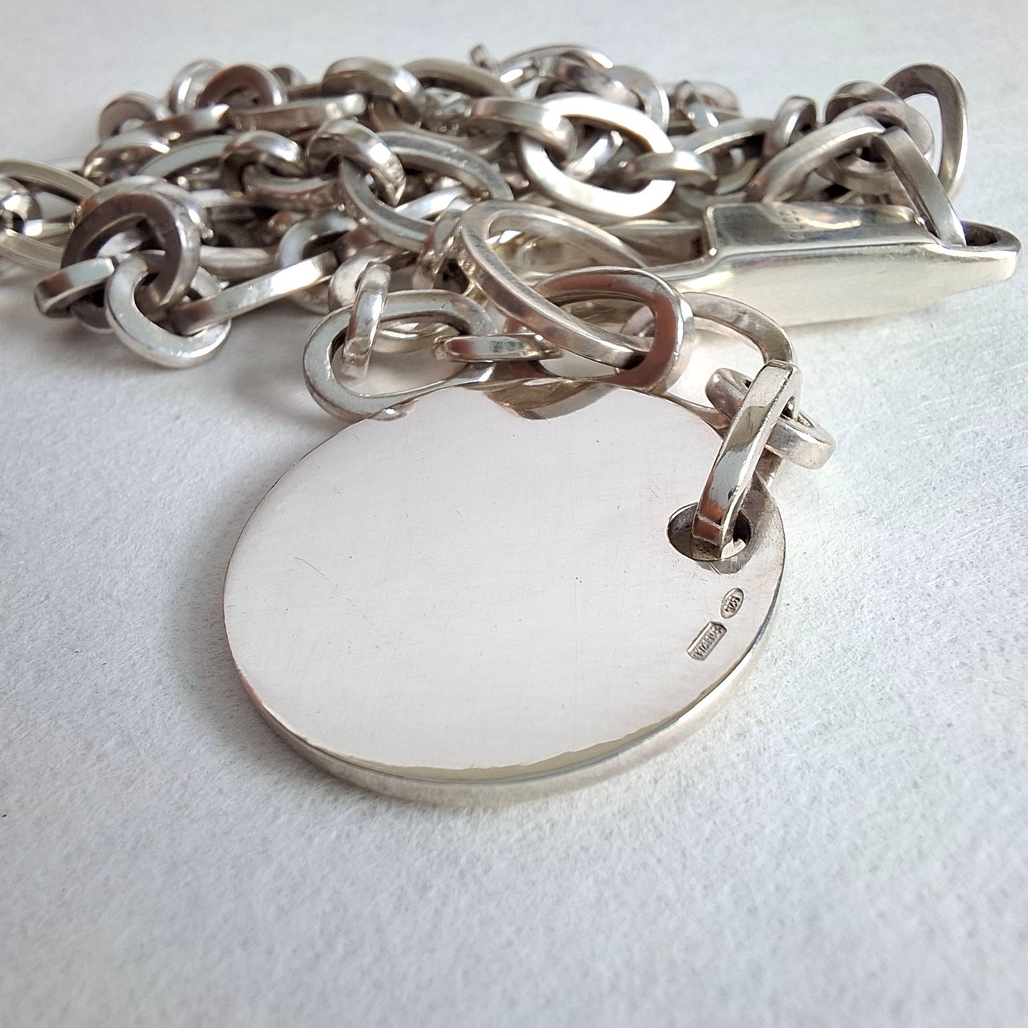 Vintage Gucci Round Tag Logo Necklace in Hallmarked Sterling Silver