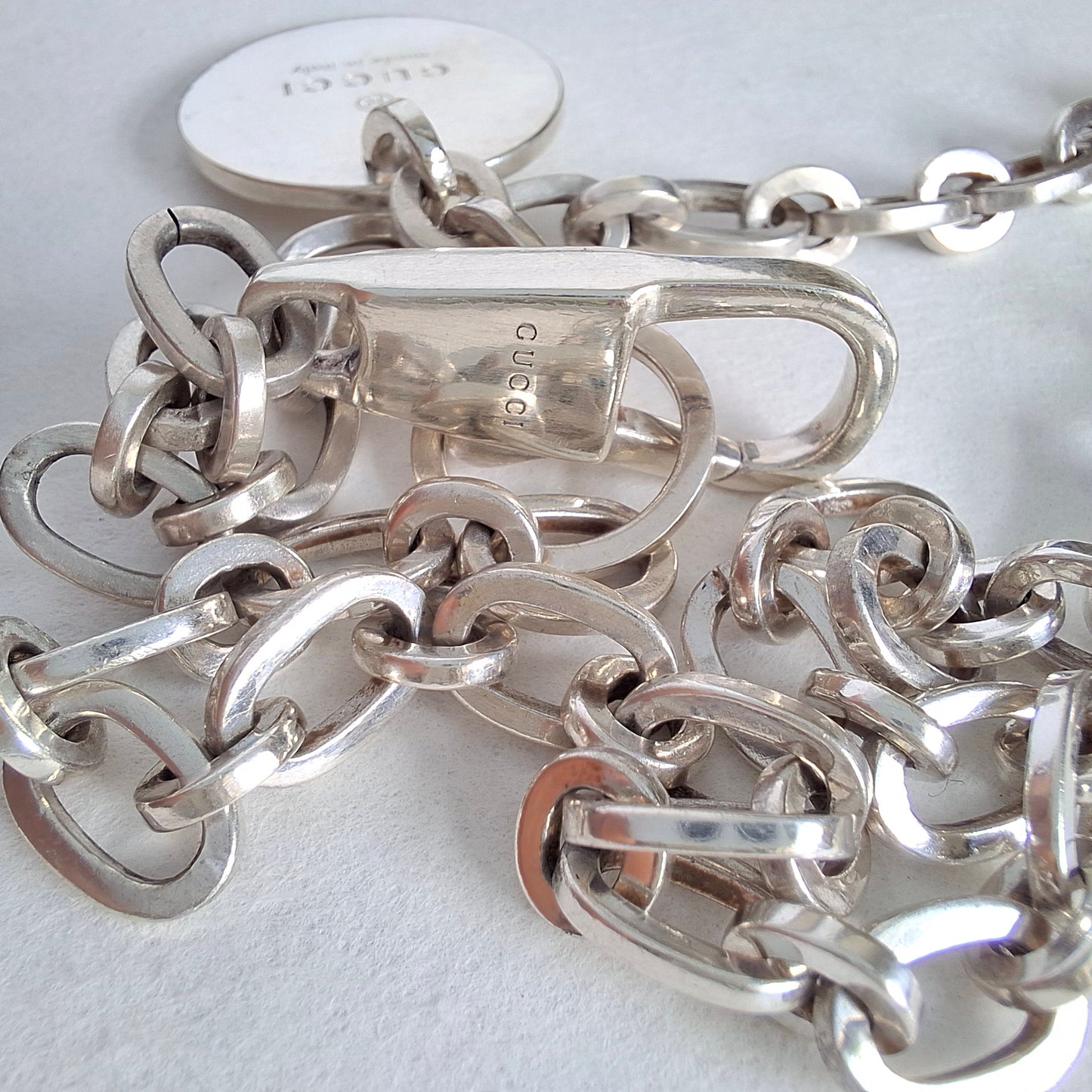Vintage Gucci Round Tag Logo Necklace in Hallmarked Sterling Silver