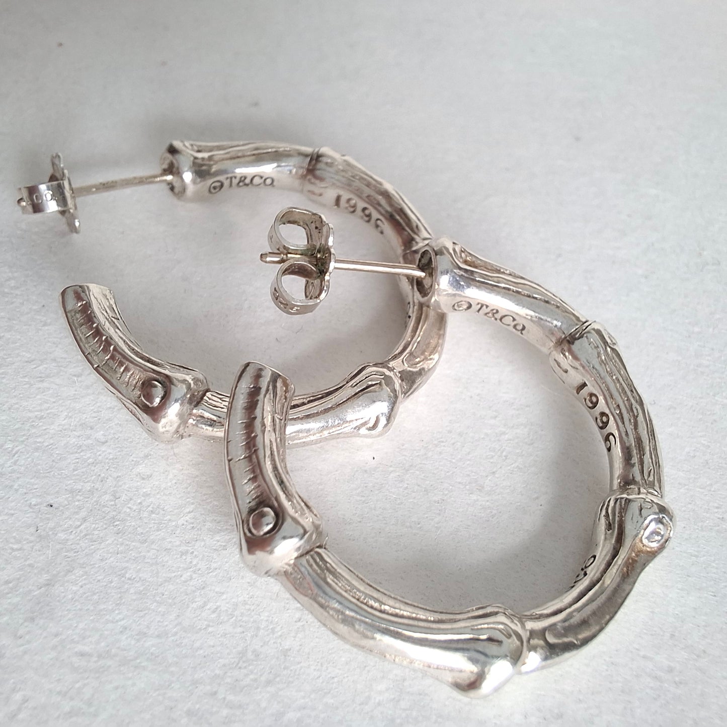 Vintage 1996 Tiffany & Co Sterling Silver Bamboo Hoop Earrings