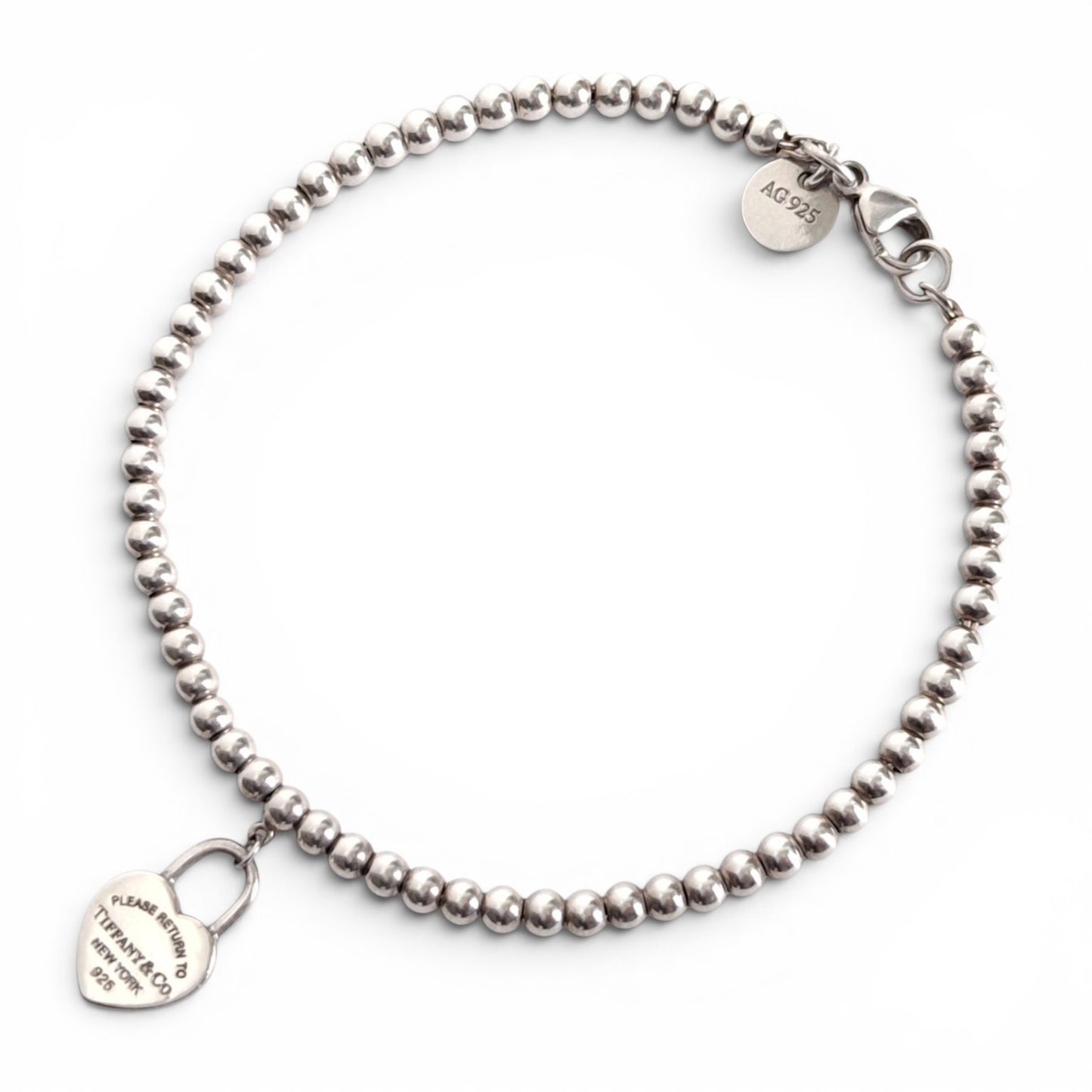 Return to Tiffany & Co 3mm Bead Bracelet with Mini Heart Padlock  Charm