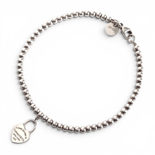 Return to Tiffany & Co 3mm Bead Bracelet with Mini Heart Padlock  Charm