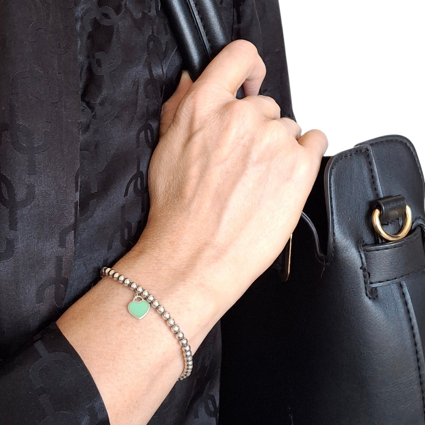 Return to Tiffany & Co 3mm Bead Bracelet with 10mm Blue Enamel Heart Charm in Sterling Silver