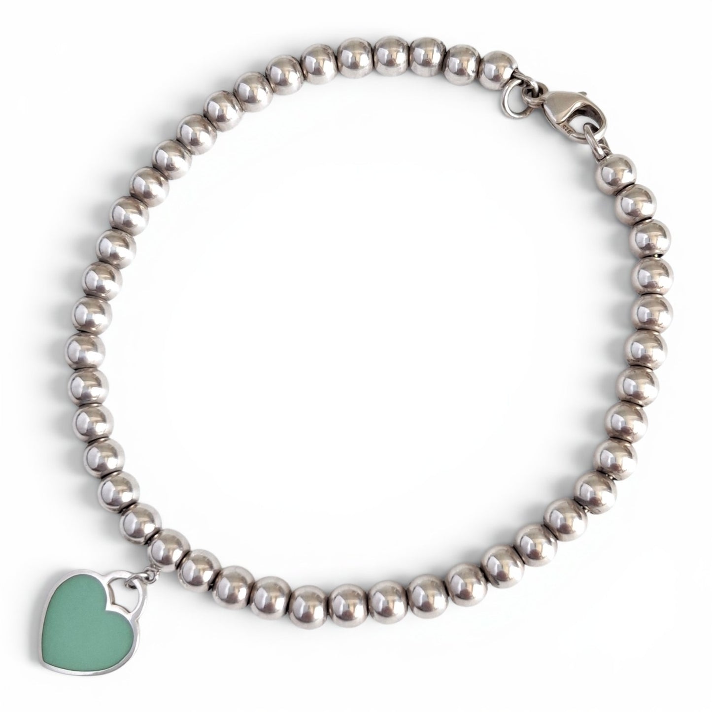Return to Tiffany & Co 3mm Bead Bracelet with 10mm Blue Enamel Heart Charm in Sterling Silver