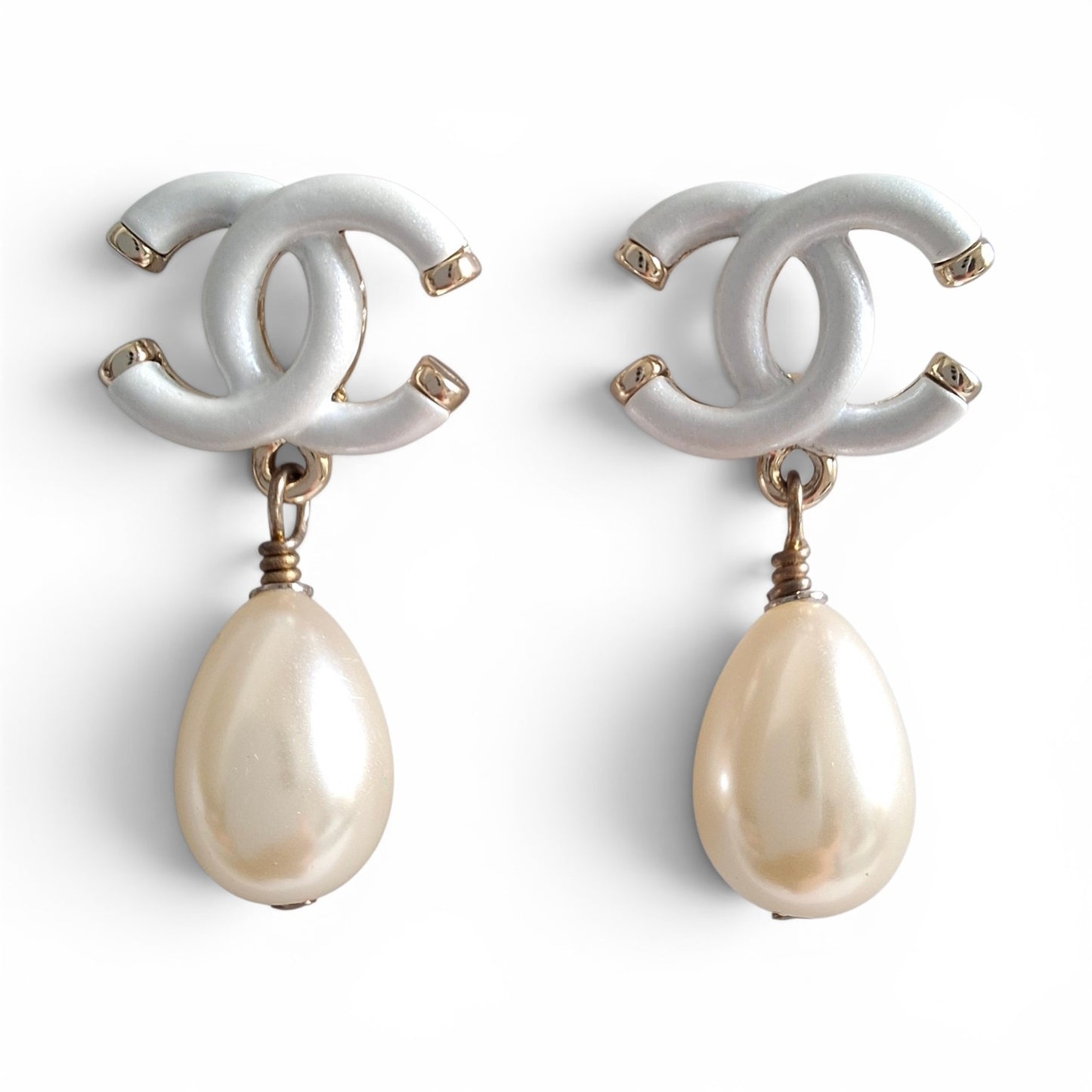 Chanel White CC Logo Pearl Drop Earrings