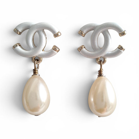 Chanel White CC Logo Pearl Drop Earrings