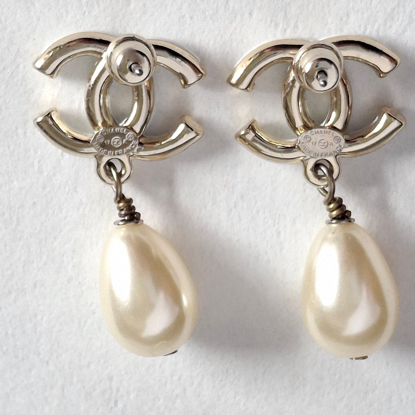 Chanel White CC Logo Pearl Drop Earrings