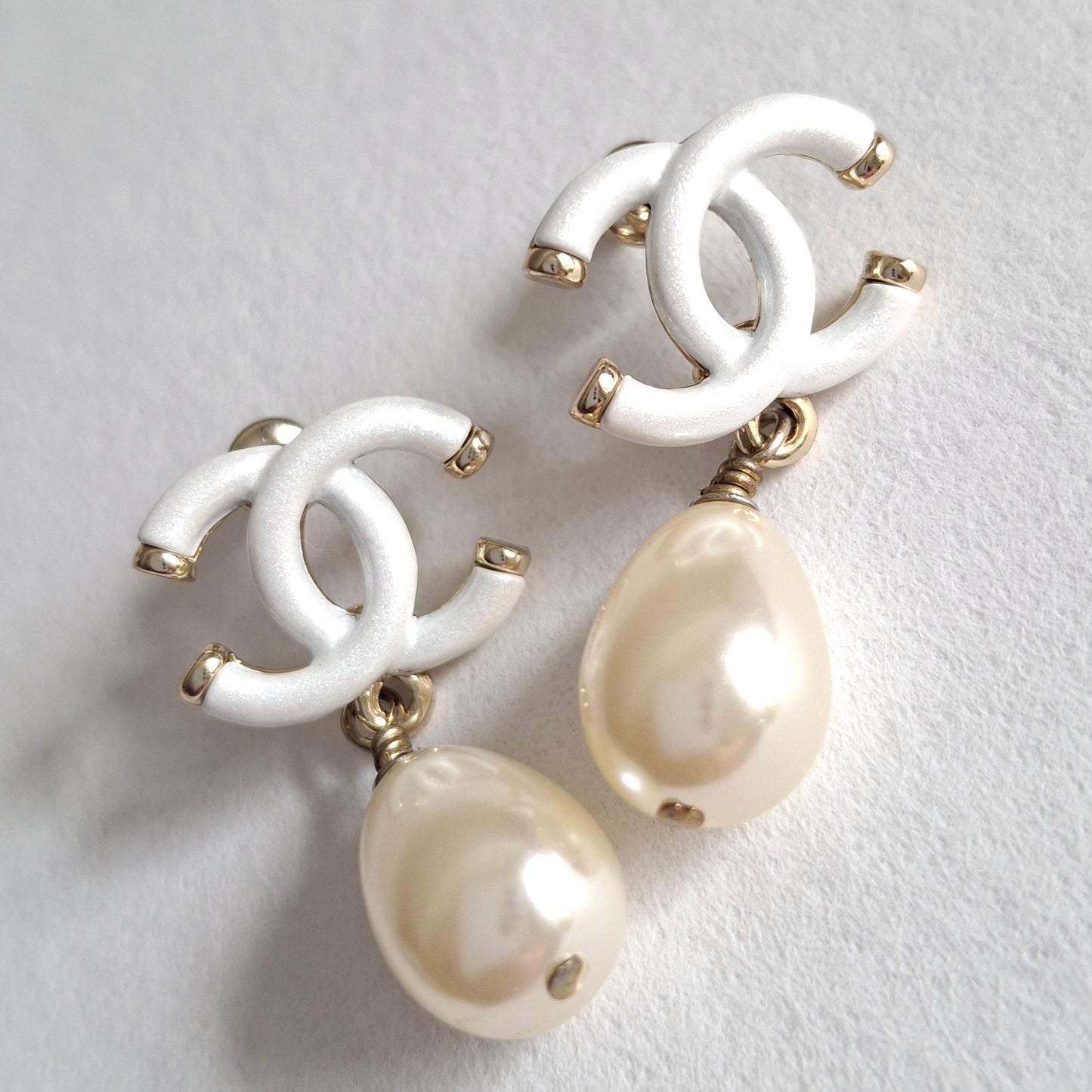 Chanel White CC Logo Pearl Drop Earrings