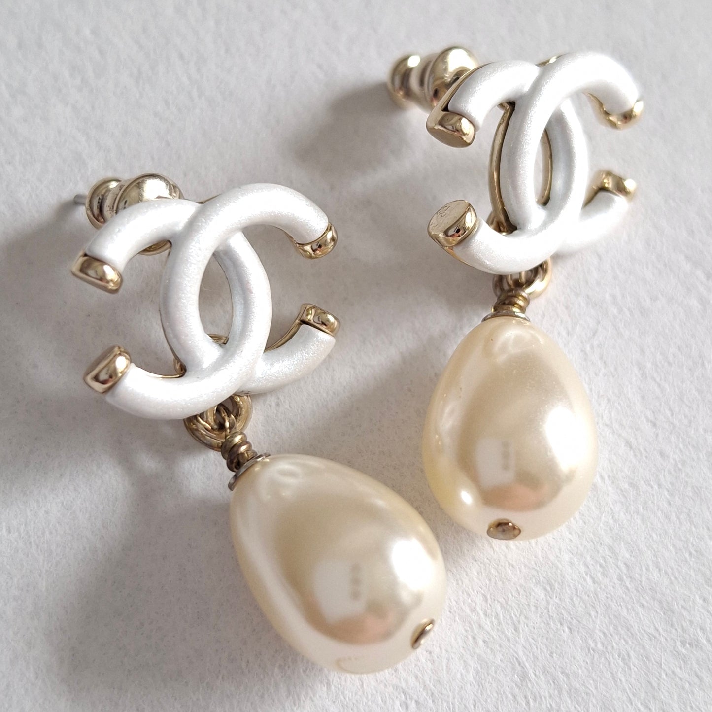 Chanel White CC Logo Pearl Drop Earrings