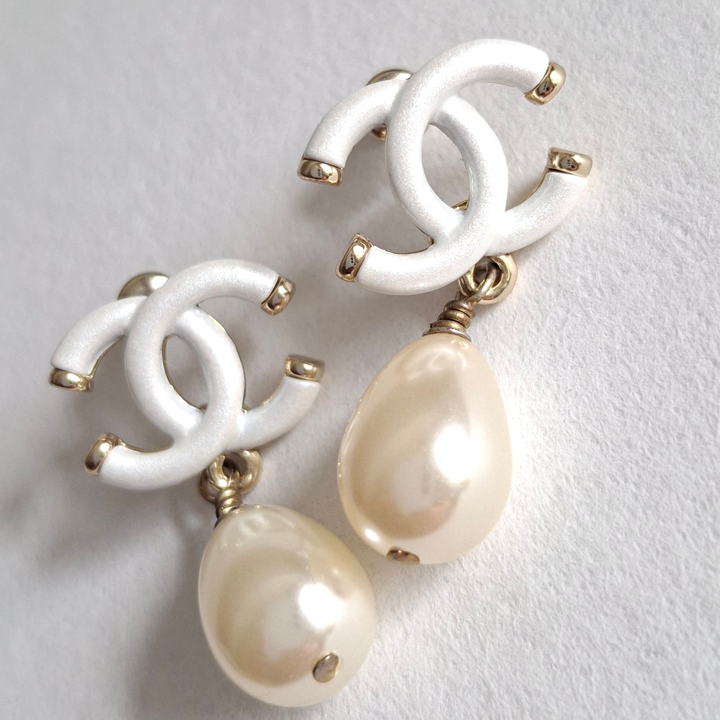 Chanel White CC Logo Pearl Drop Earrings