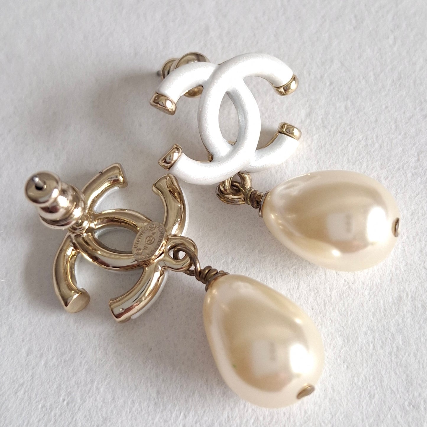 Chanel White CC Logo Pearl Drop Earrings