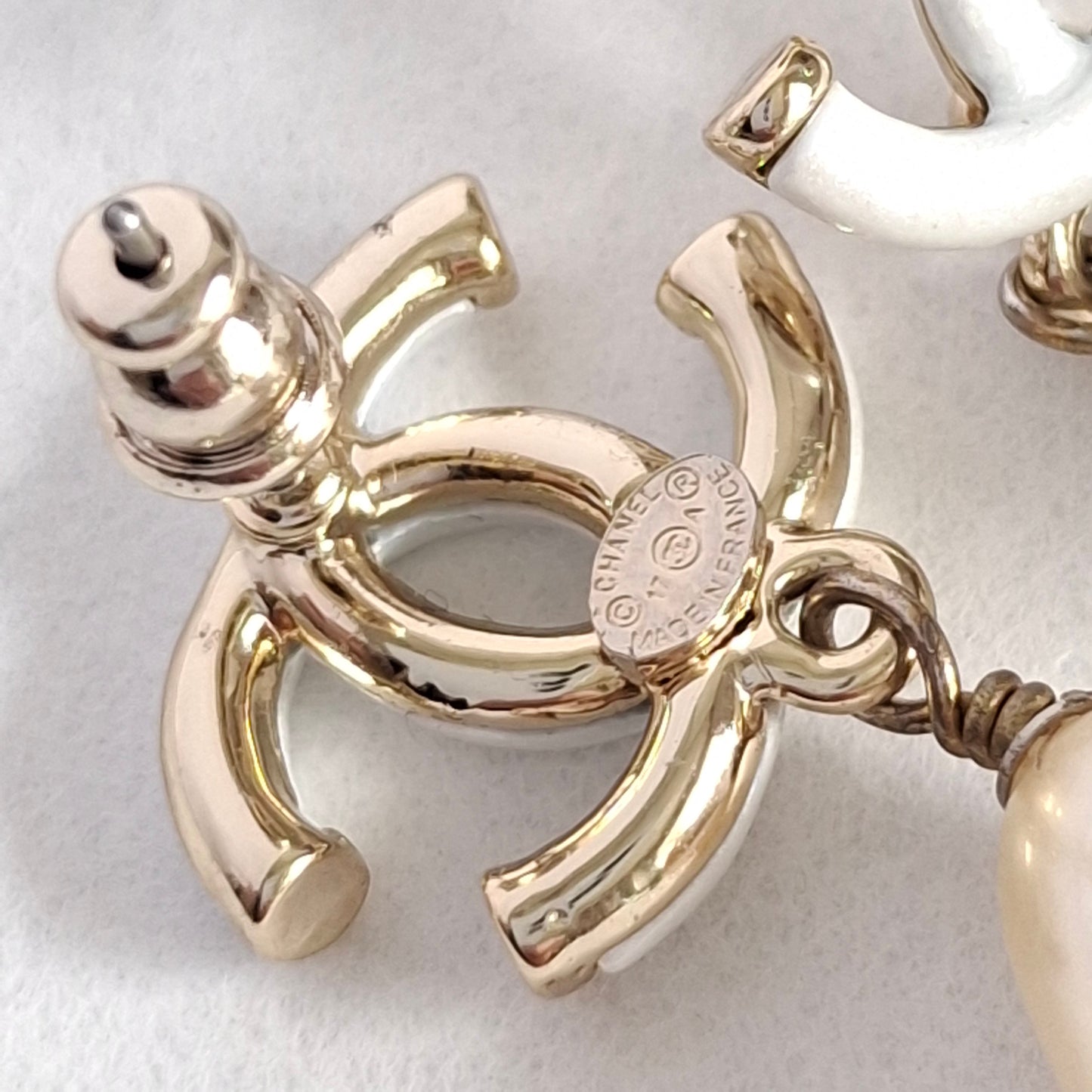 Chanel White CC Logo Pearl Drop Earrings