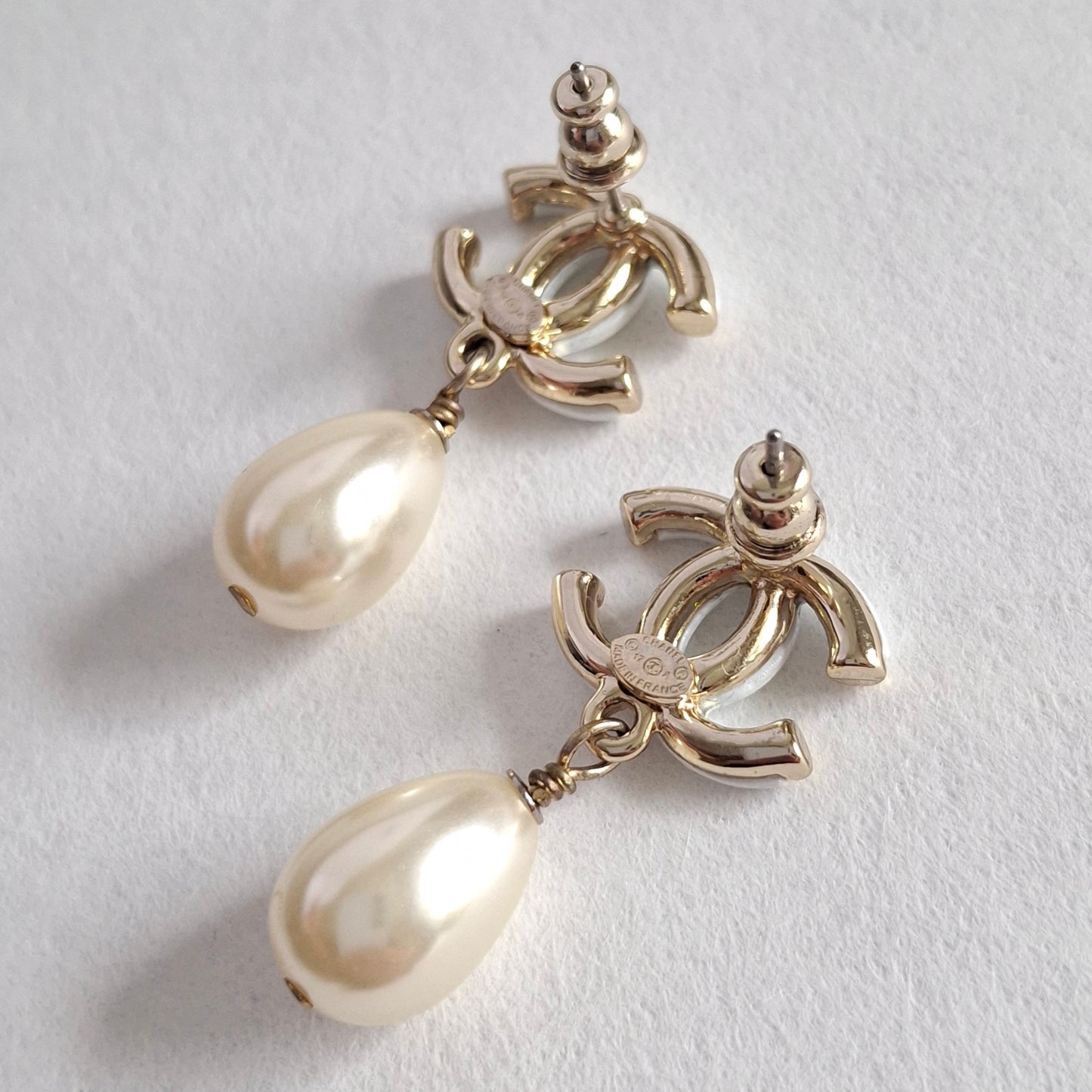 Chanel White CC Logo Pearl Drop Earrings