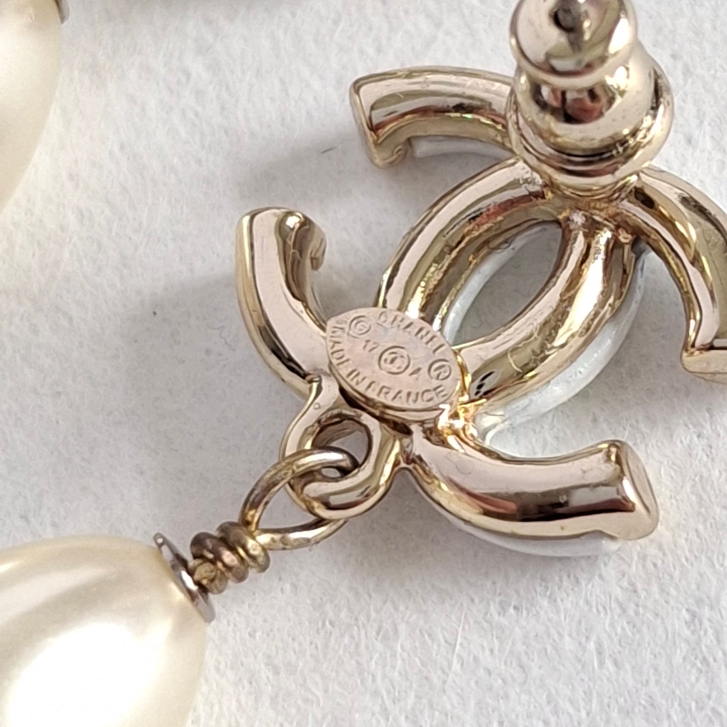 Chanel White CC Logo Pearl Drop Earrings