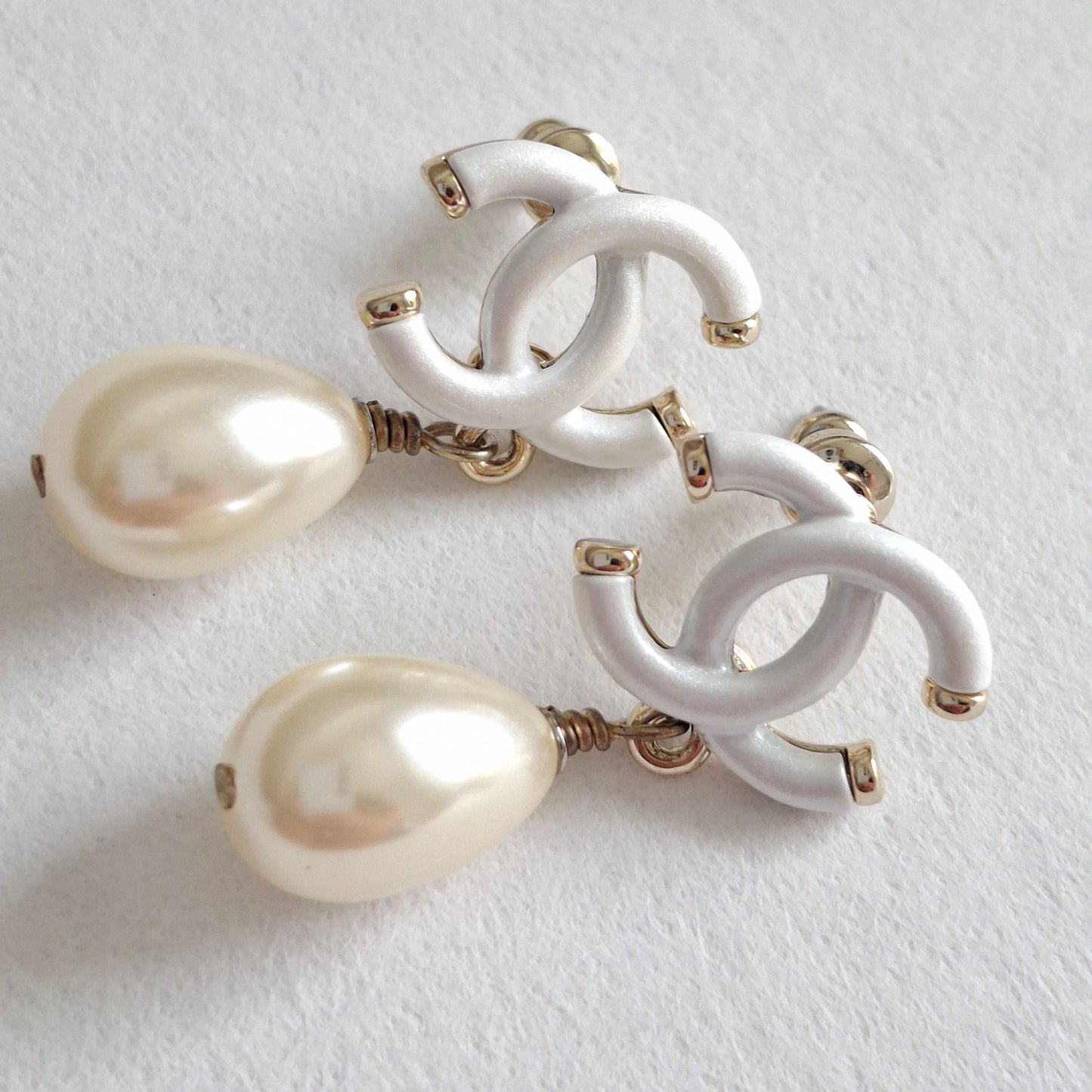 Chanel White CC Logo Pearl Drop Earrings