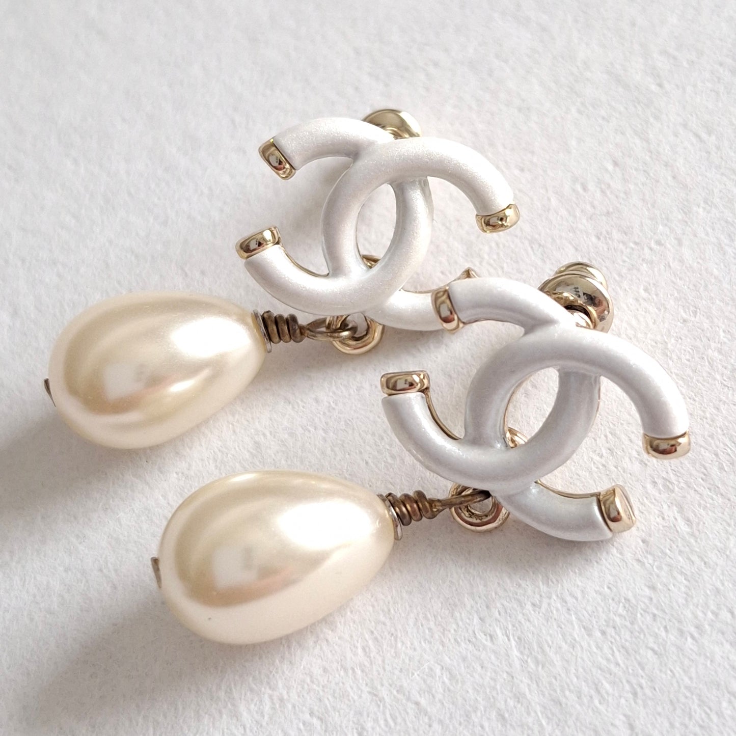 Chanel White CC Logo Pearl Drop Earrings