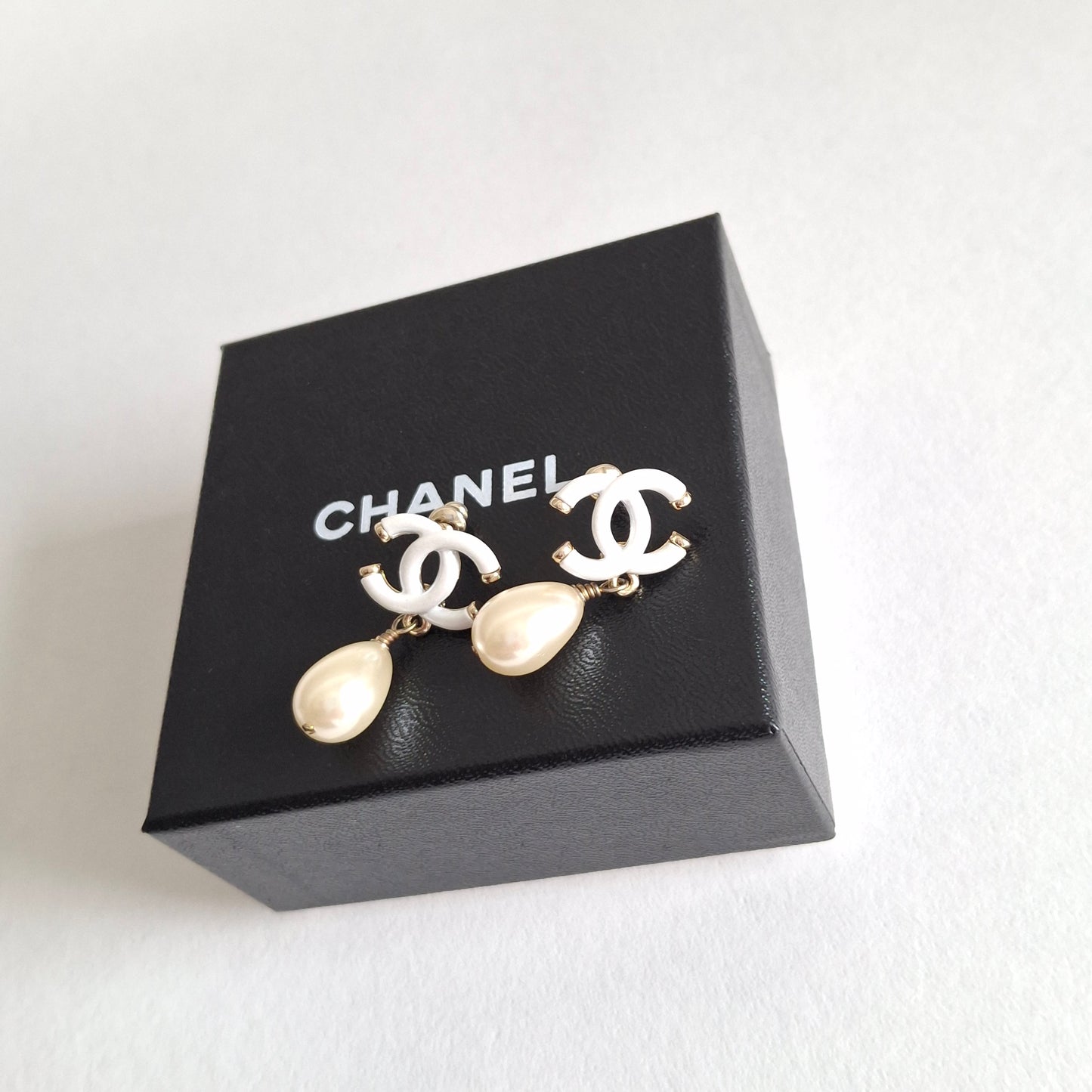 Chanel White CC Logo Pearl Drop Earrings