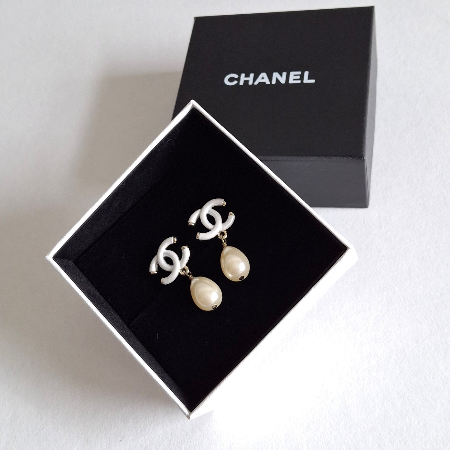 Chanel White CC Logo Pearl Drop Earrings