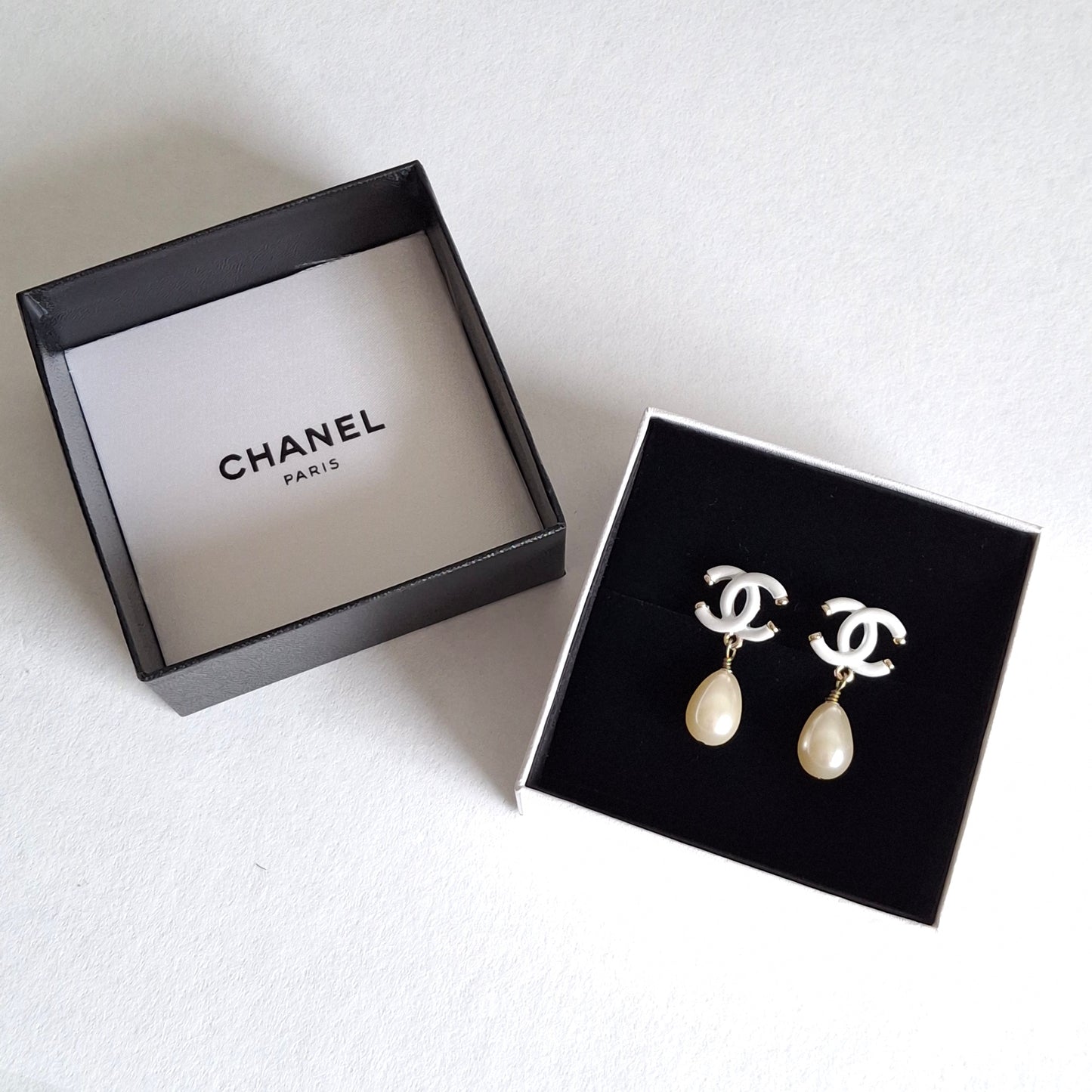 Chanel White CC Logo Pearl Drop Earrings