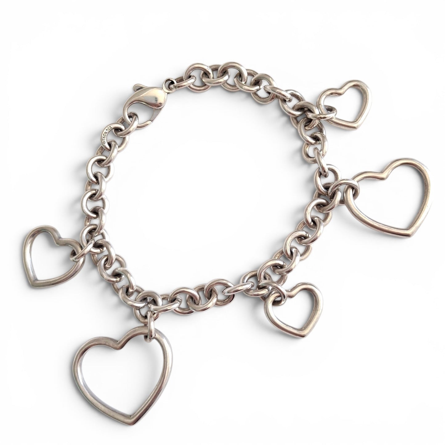 Vintage Tiffany & Co Five Heart Charm Bracelet in 925 Sterling Silver with Box and Pouch