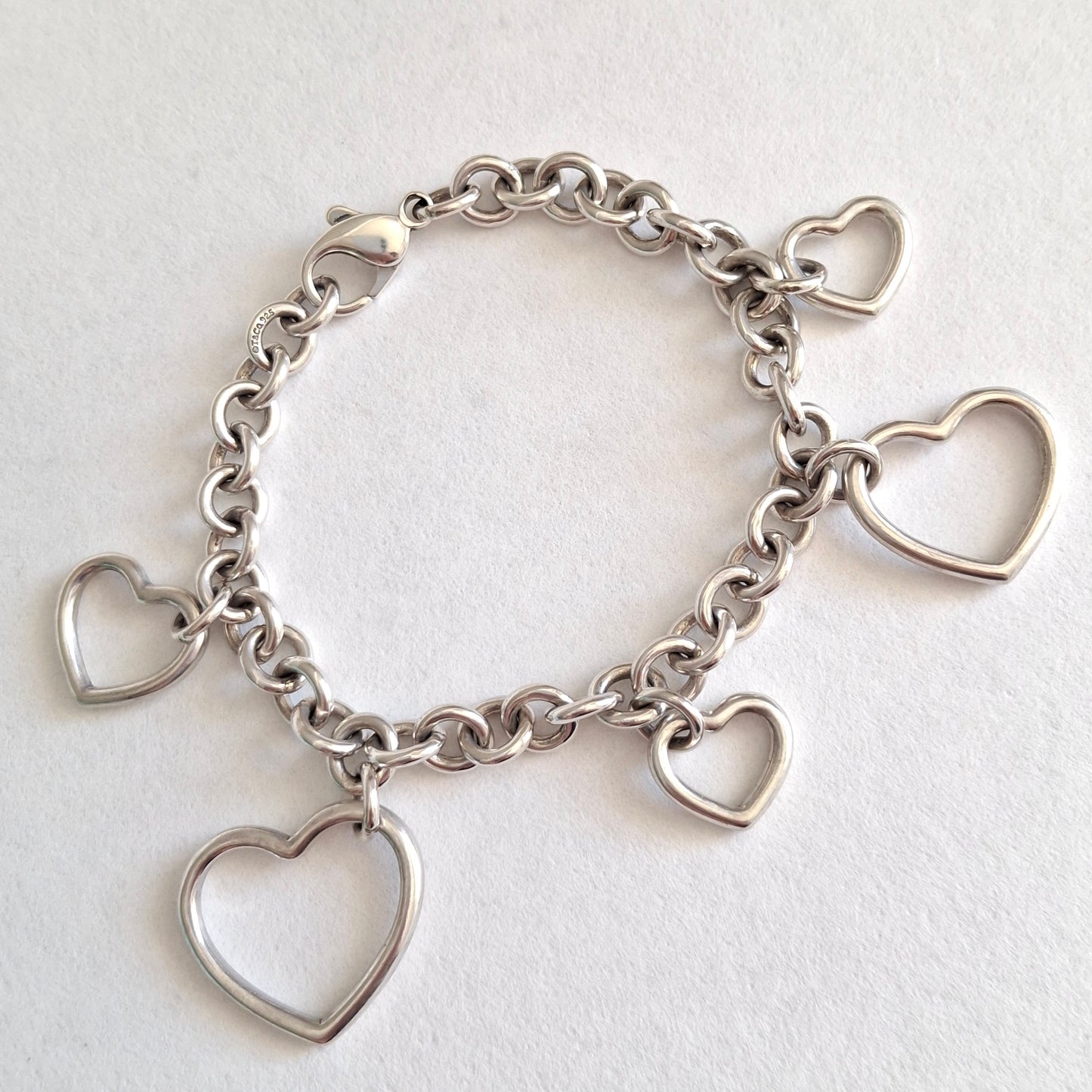 Vintage Tiffany & Co Five Heart Charm Bracelet in 925 Sterling Silver with Box and Pouch