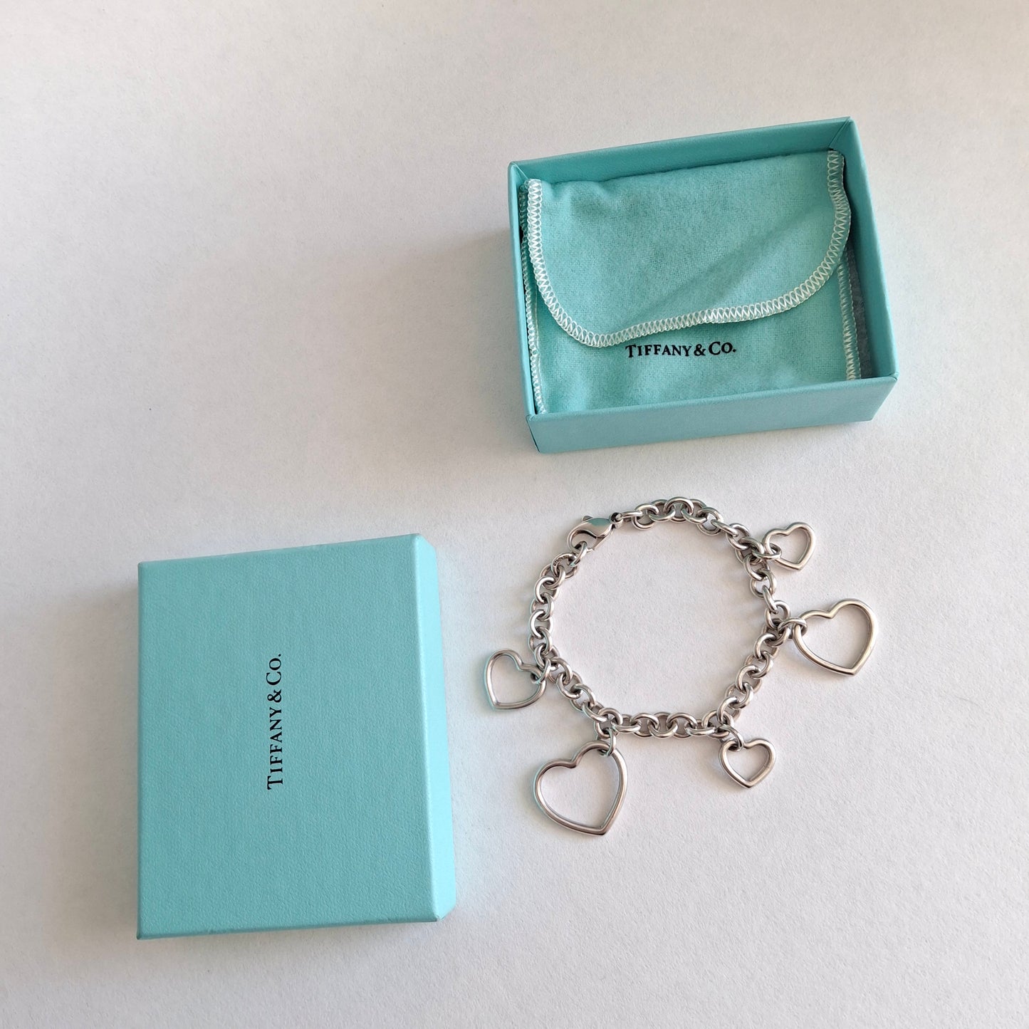 Vintage Tiffany & Co Five Heart Charm Bracelet in 925 Sterling Silver with Box and Pouch