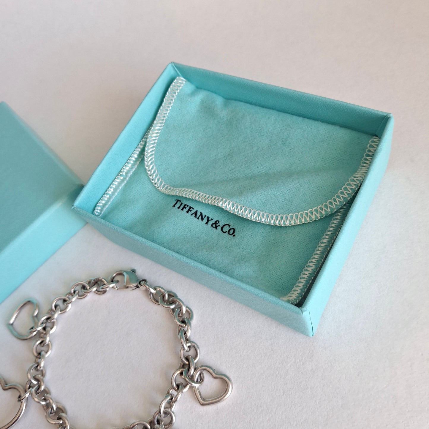 Vintage Tiffany & Co Five Heart Charm Bracelet in 925 Sterling Silver with Box and Pouch