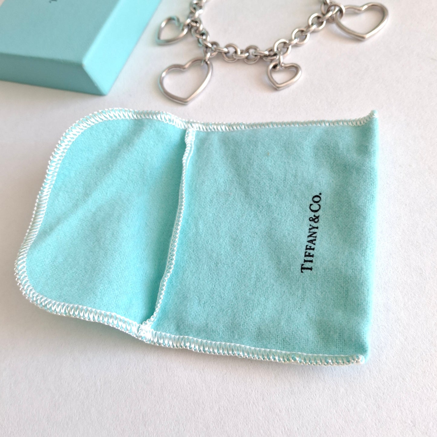 Vintage Tiffany & Co Five Heart Charm Bracelet in 925 Sterling Silver with Box and Pouch