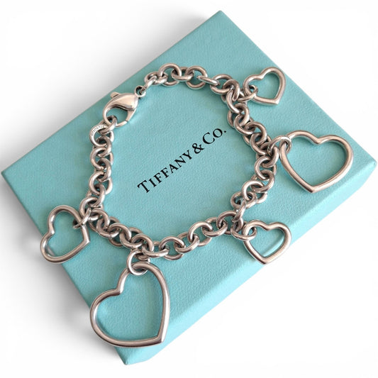 Vintage Tiffany & Co Five Heart Charm Bracelet in 925 Sterling Silver with Box and Pouch