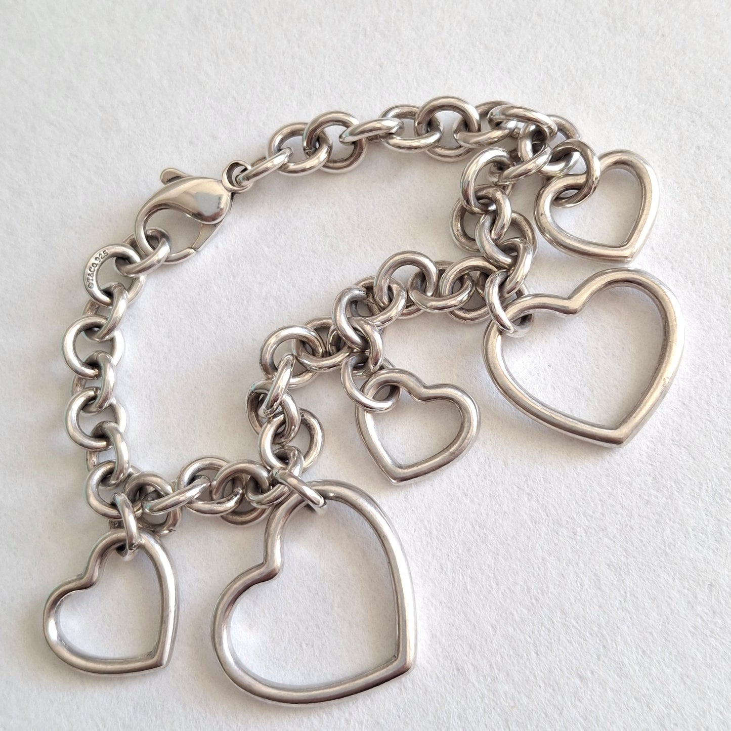 Vintage Tiffany & Co Five Heart Charm Bracelet in 925 Sterling Silver with Box and Pouch