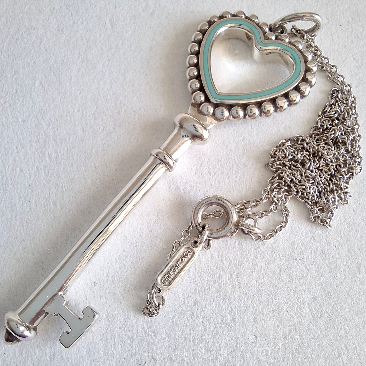 Tiffany & Co Blue Enamel Sterling Silver Key Charm Necklace