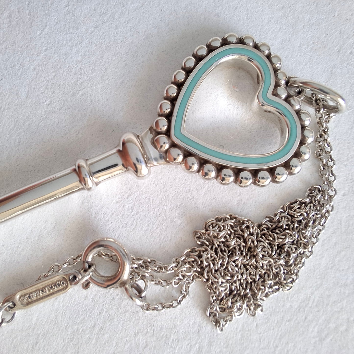 Tiffany & Co Blue Enamel Sterling Silver Key Charm Necklace