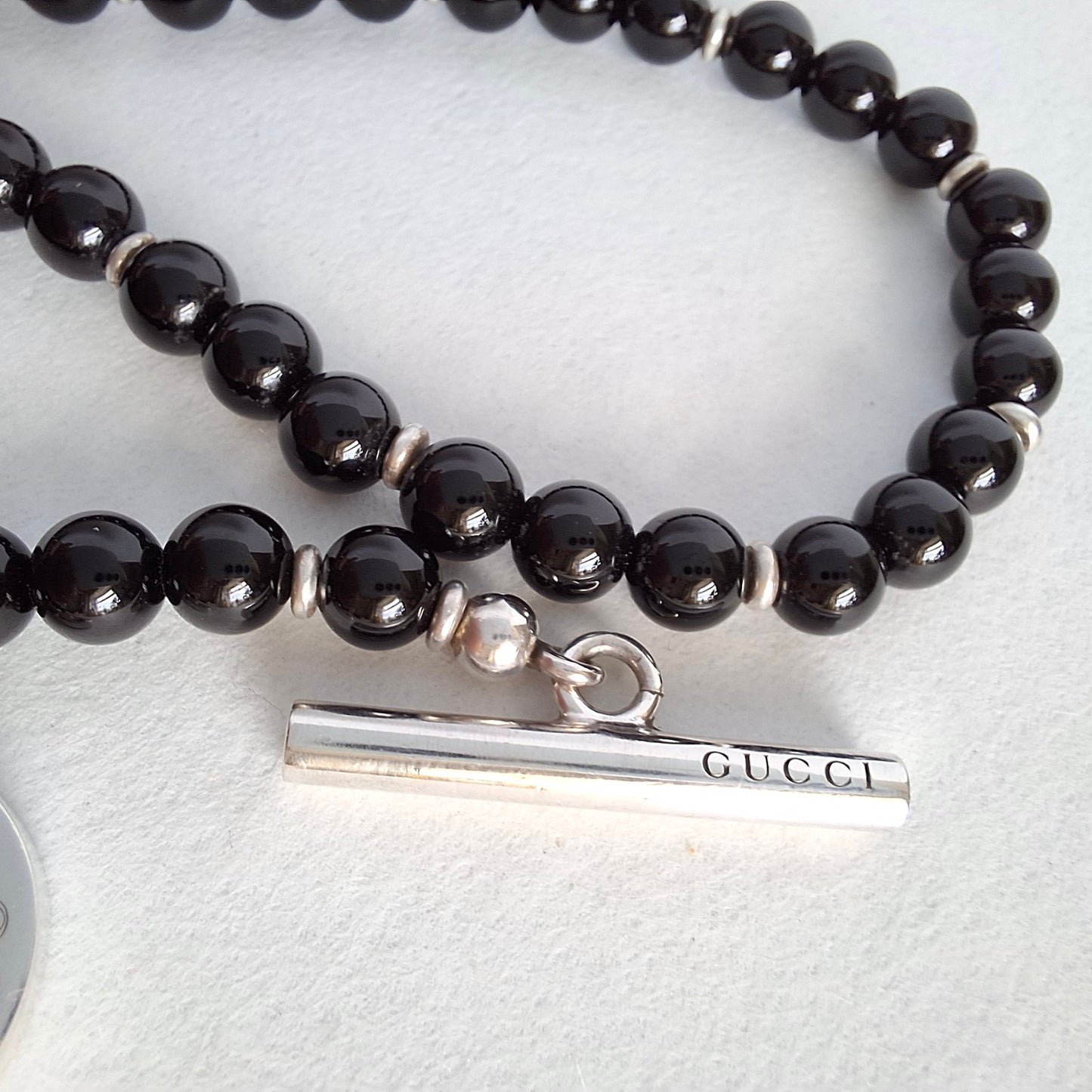 Gucci Onyx Toggle Clasp Bead Necklace in Hallmarked Sterling Silver
