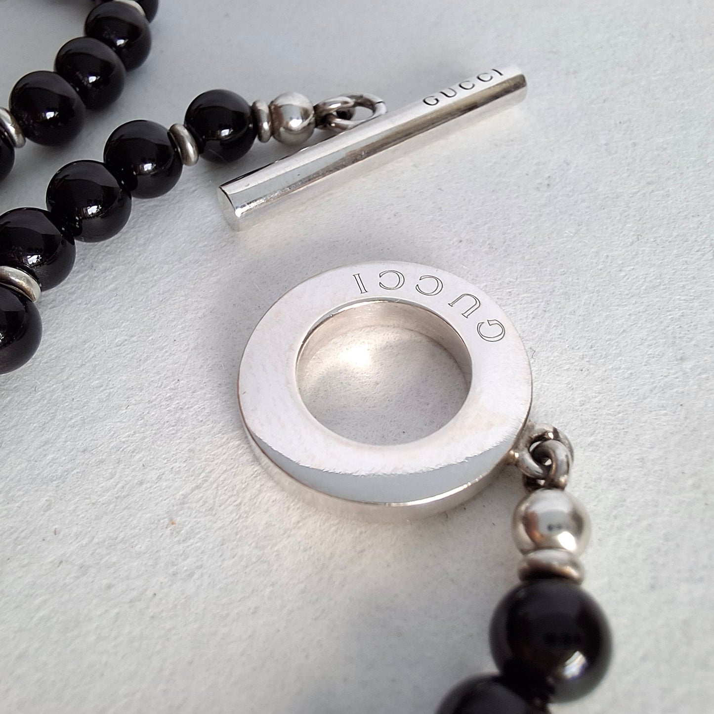Gucci Onyx Toggle Clasp Bead Necklace in Hallmarked Sterling Silver