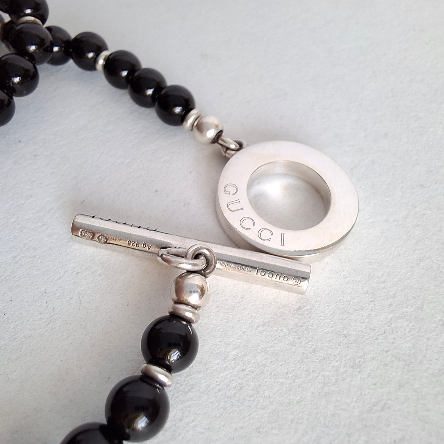 Gucci Onyx Toggle Clasp Bead Necklace in Hallmarked Sterling Silver