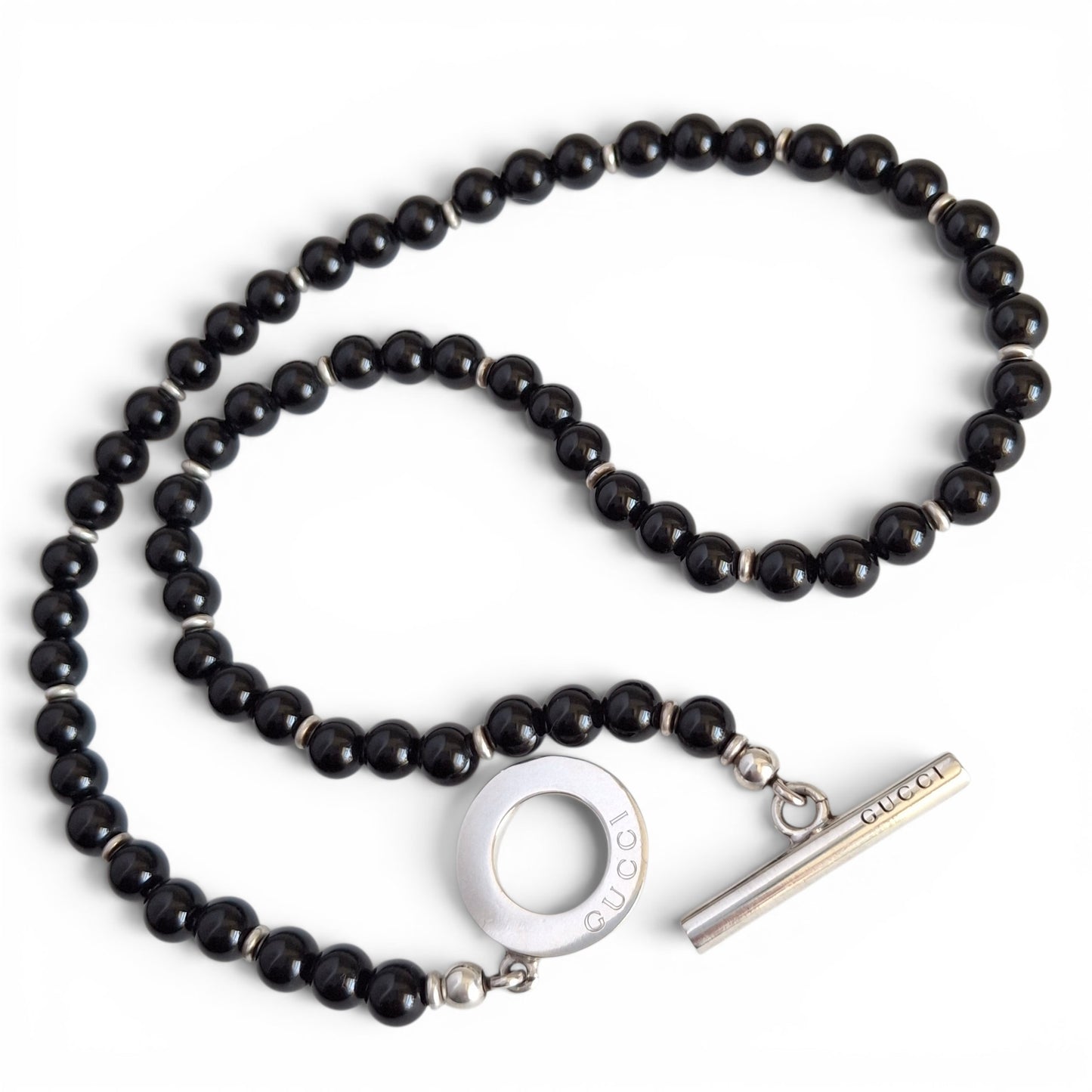 Gucci Onyx Toggle Clasp Bead Necklace in Hallmarked Sterling Silver