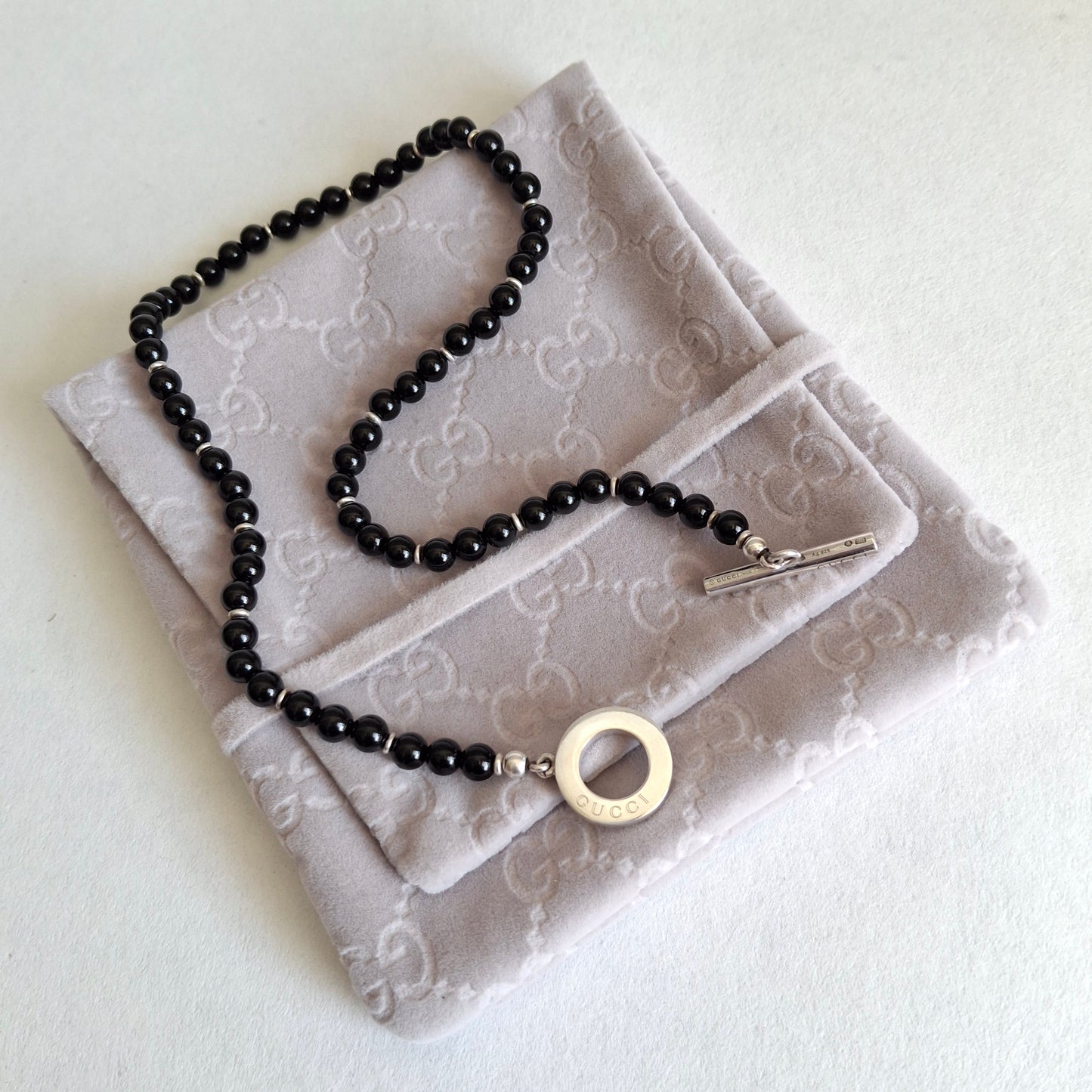 Gucci Onyx Toggle Clasp Bead Necklace in Hallmarked Sterling Silver