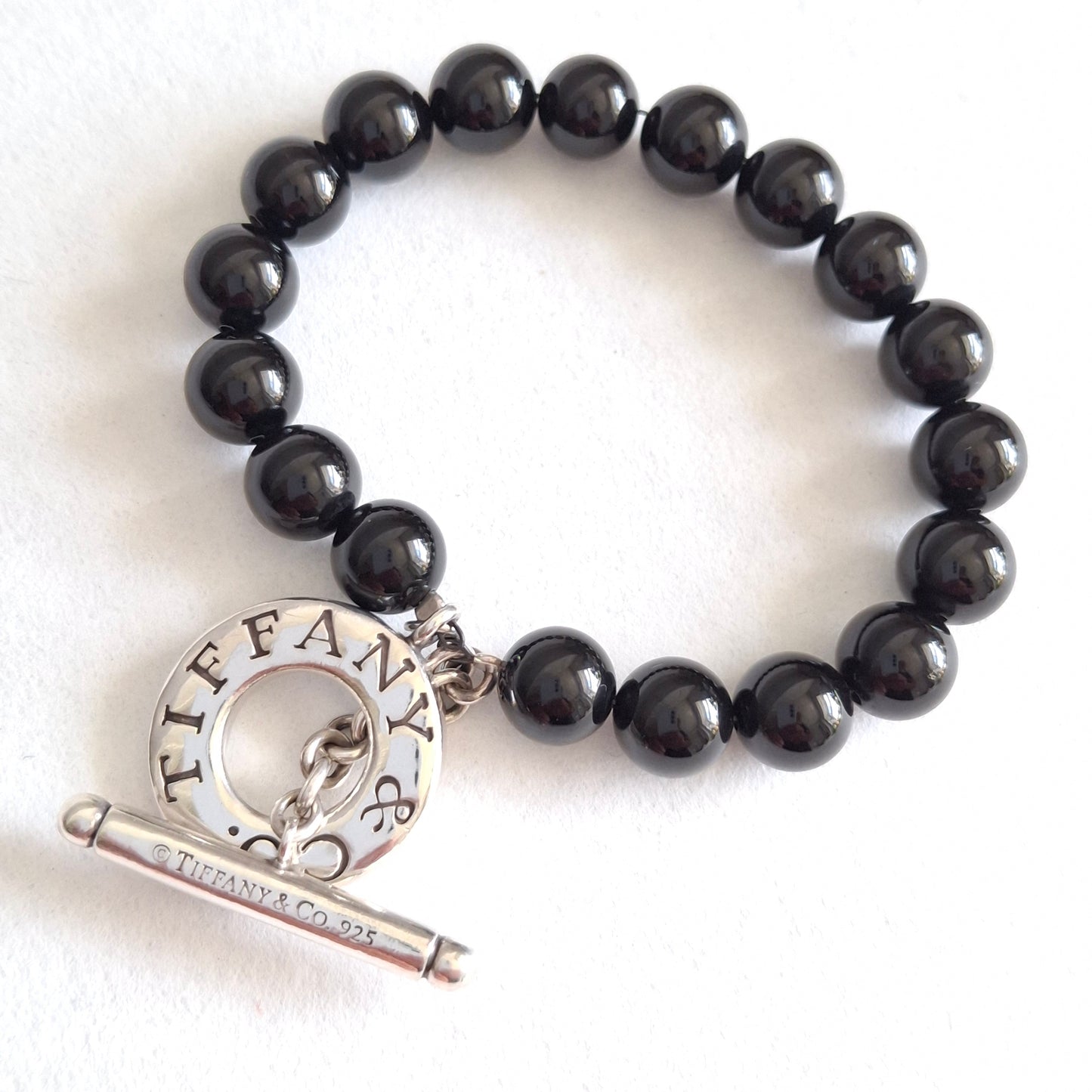 Tiffany & Co Hallmarked Sterling Silver Onyx Toggle Clasp Bead Bracelet