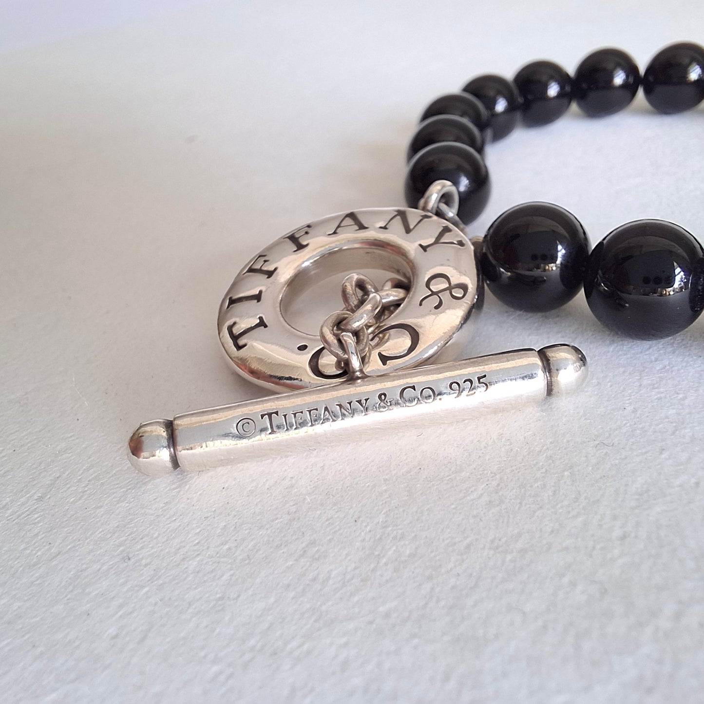 Tiffany & Co Hallmarked Sterling Silver Onyx Toggle Clasp Bead Bracelet