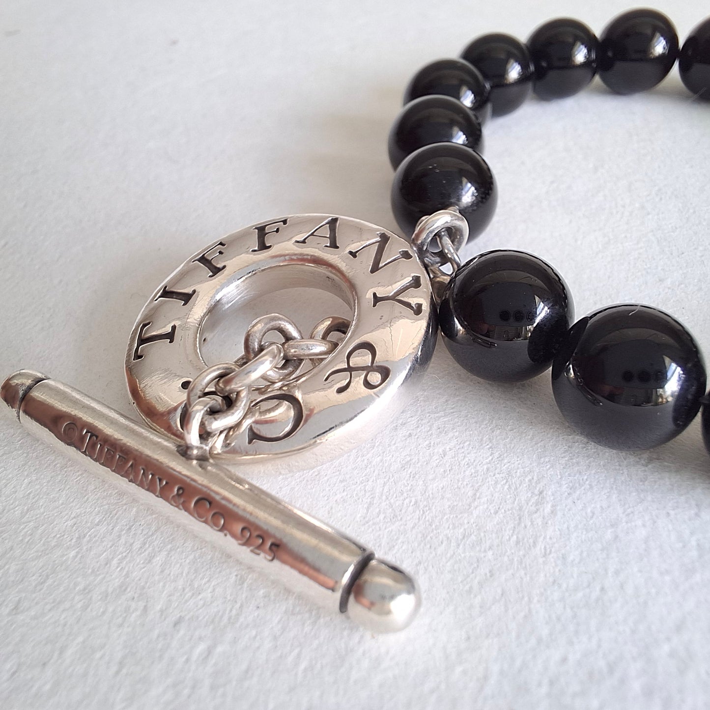 Tiffany & Co Hallmarked Sterling Silver Onyx Toggle Clasp Bead Bracelet