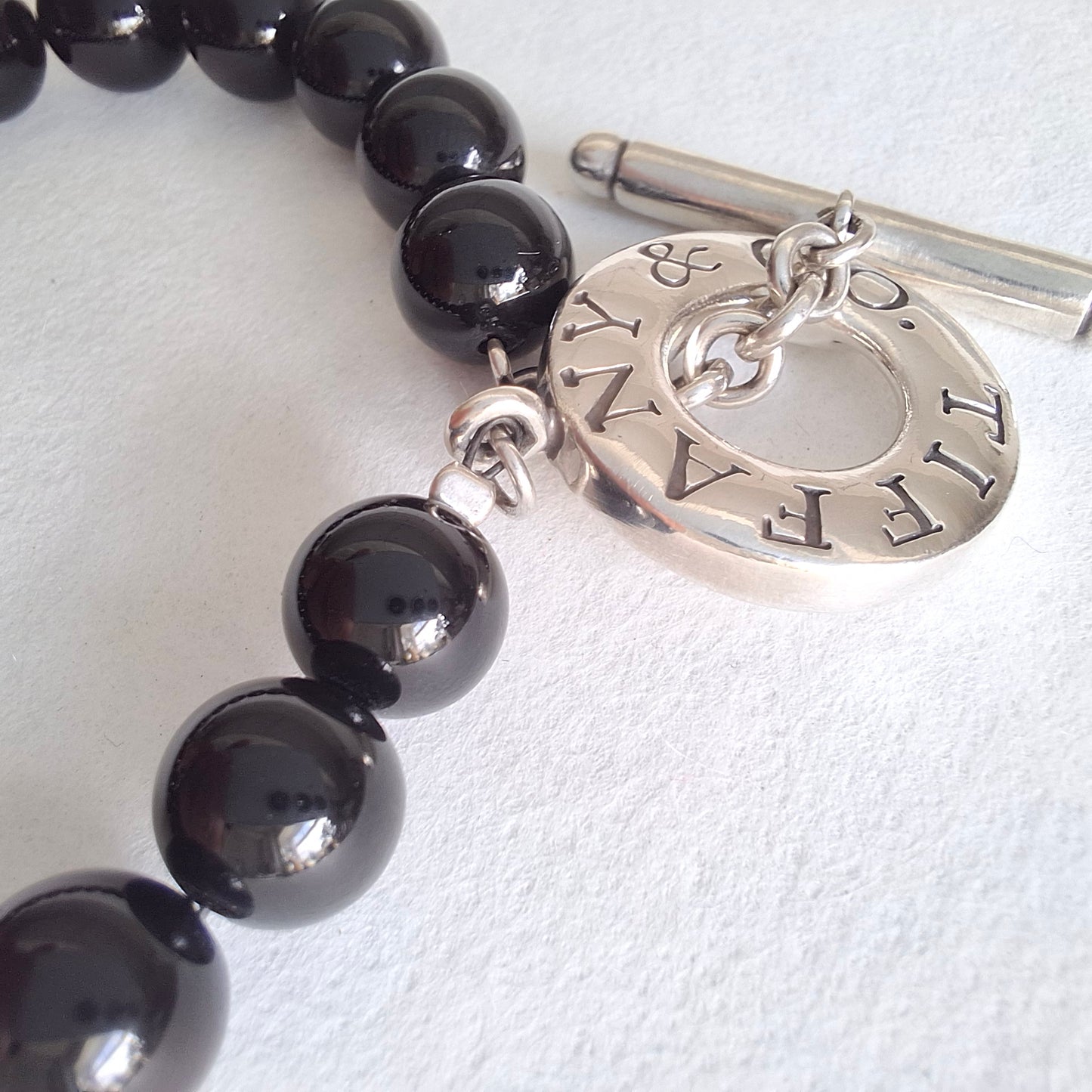 Tiffany & Co Hallmarked Sterling Silver Onyx Toggle Clasp Bead Bracelet