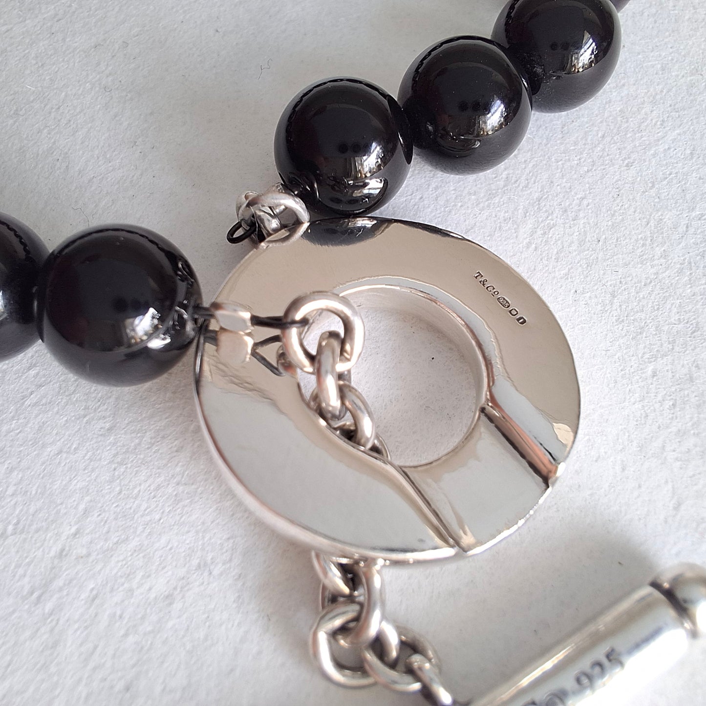Tiffany & Co Hallmarked Sterling Silver Onyx Toggle Clasp Bead Bracelet