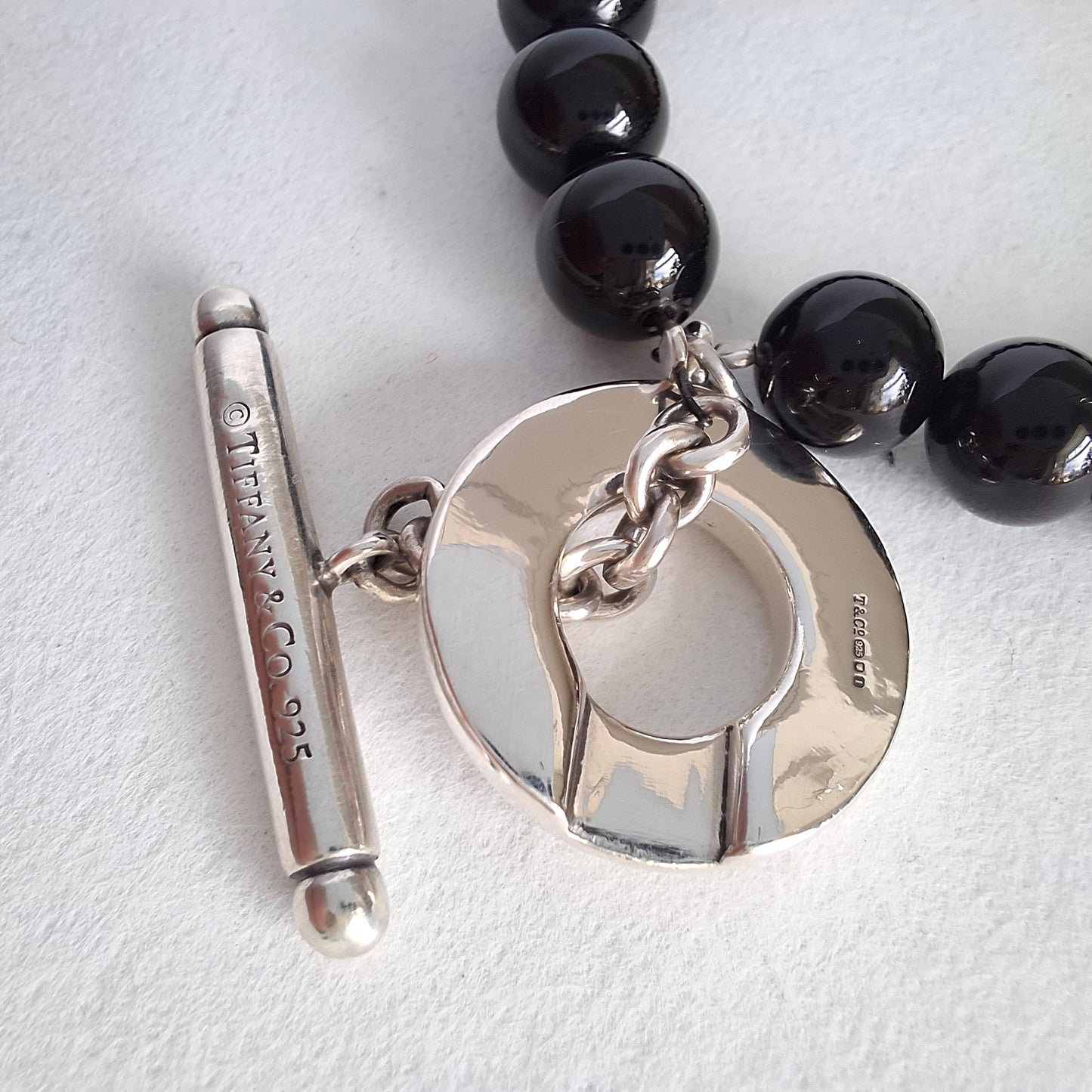 Tiffany & Co Hallmarked Sterling Silver Onyx Toggle Clasp Bead Bracelet
