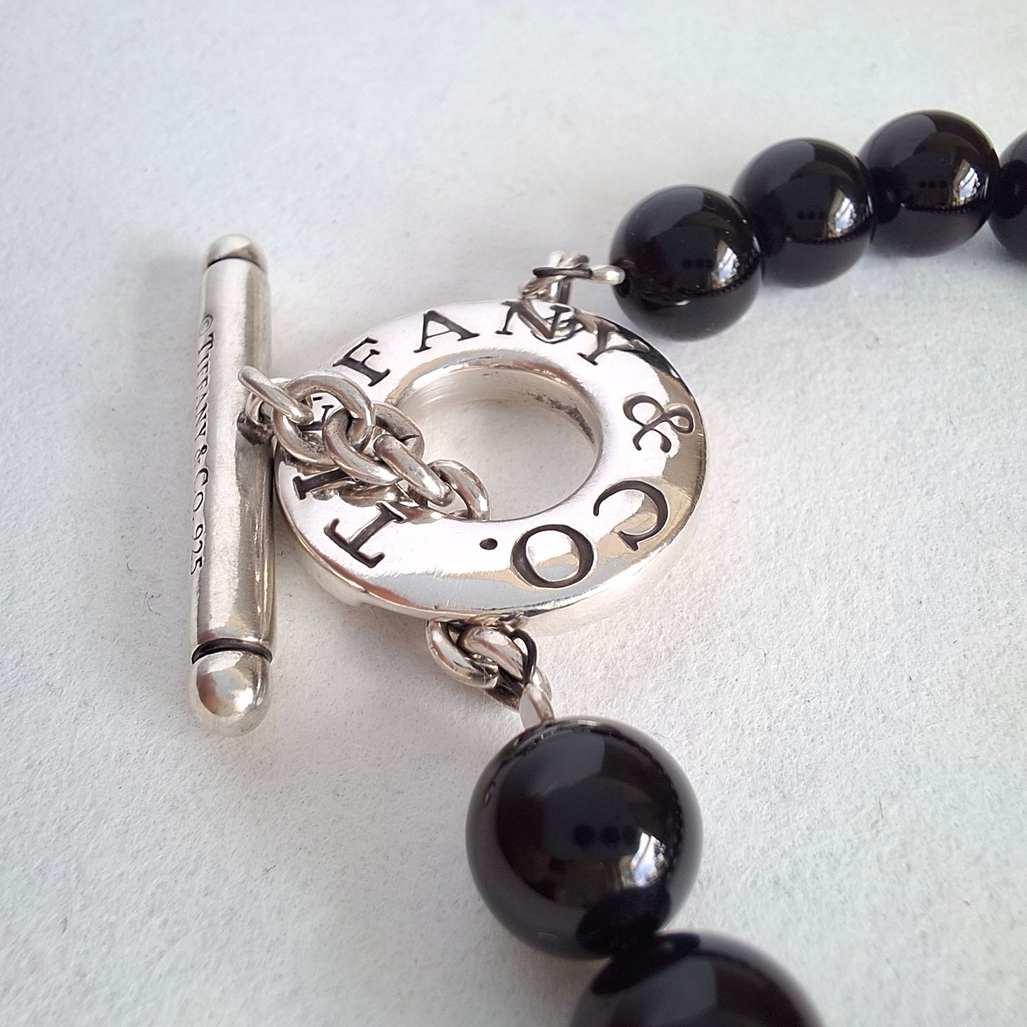 Tiffany & Co Hallmarked Sterling Silver Onyx Toggle Clasp Bead Bracelet