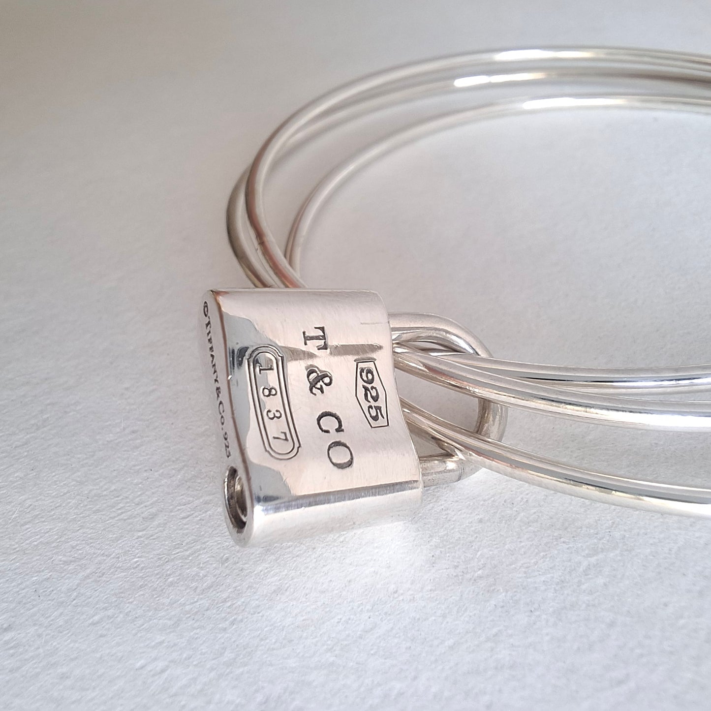 Vintage Tiffany & Co 1837 Padlock Charm Triple Bangle Bracelet in Hallmarked 925 Sterling Silver