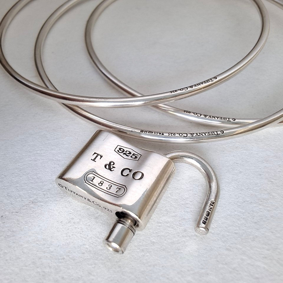 Vintage Tiffany & Co 1837 Padlock Charm Triple Bangle Bracelet in Hallmarked 925 Sterling Silver