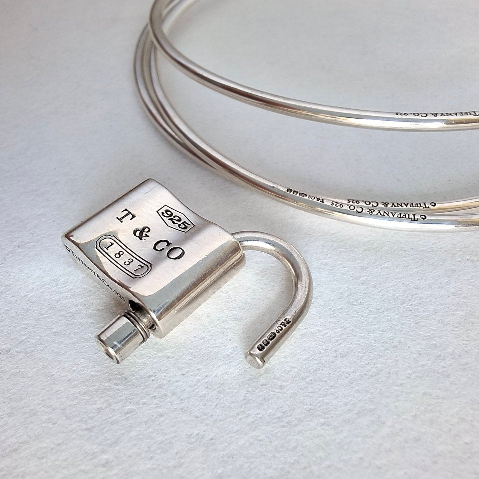 Vintage Tiffany & Co 1837 Padlock Charm Triple Bangle Bracelet in Hallmarked 925 Sterling Silver