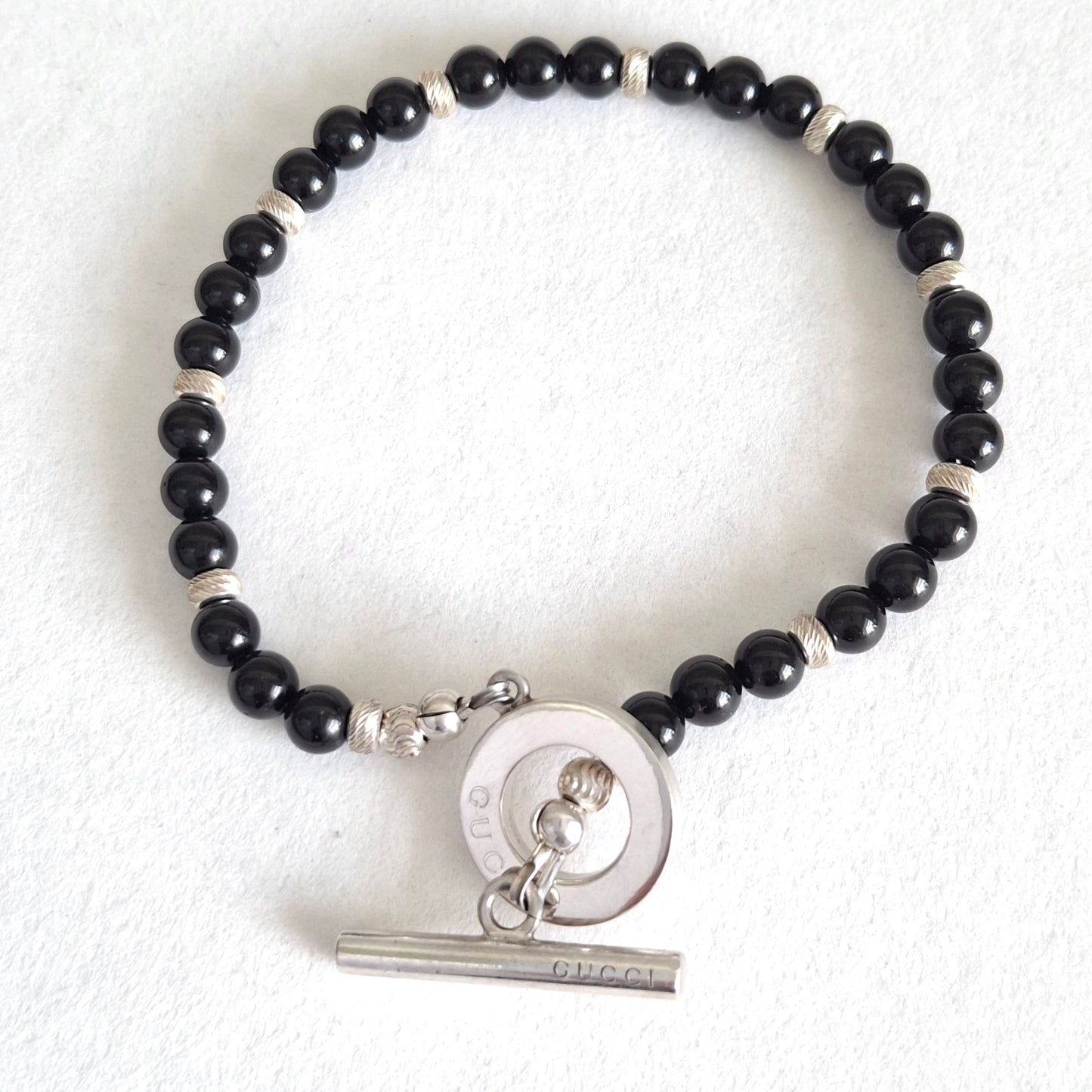 Gucci Black Onyx Boule Bead Bracelet with Diamond Cut Silver Beads
