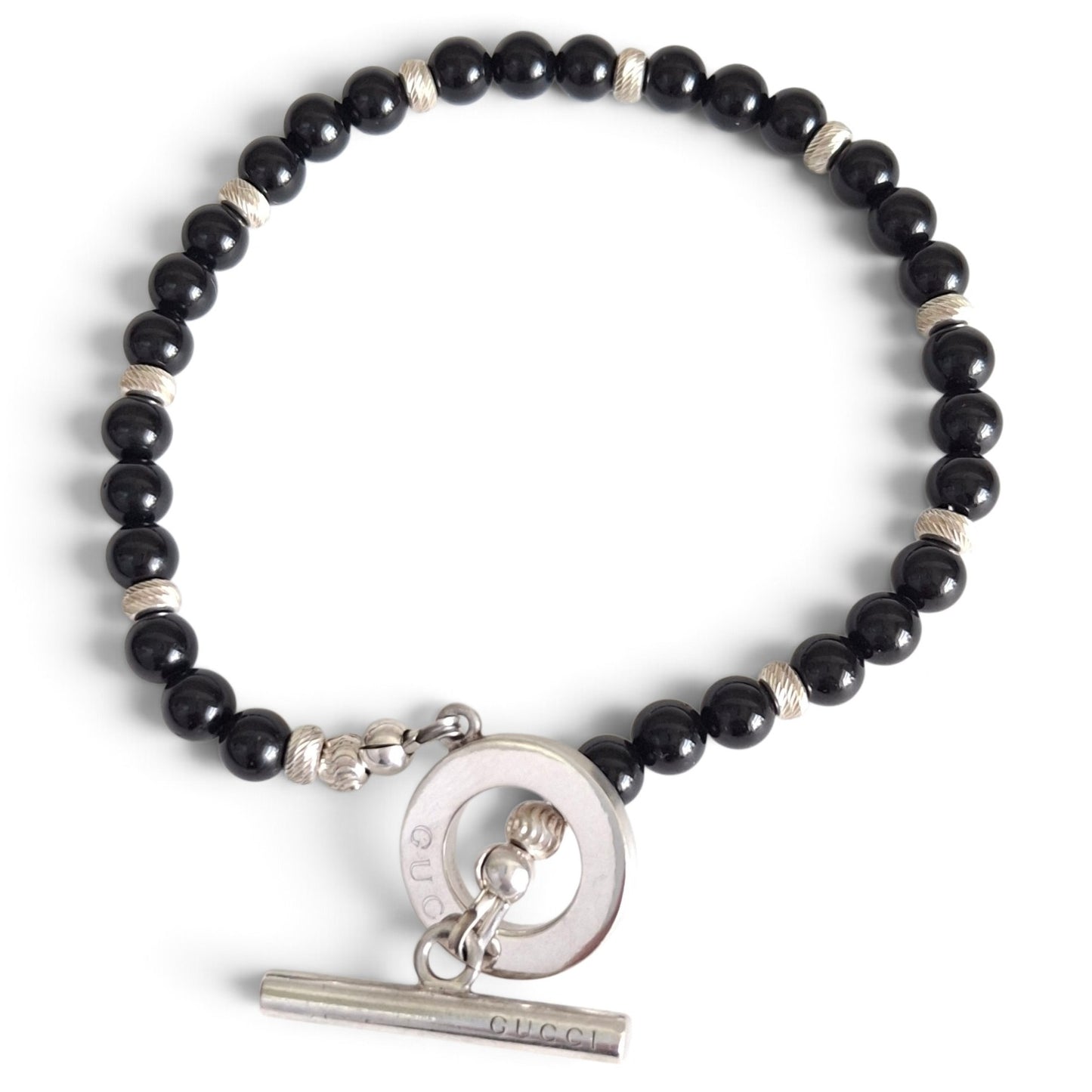Gucci Black Onyx Boule Bead Bracelet with Diamond Cut Silver Beads