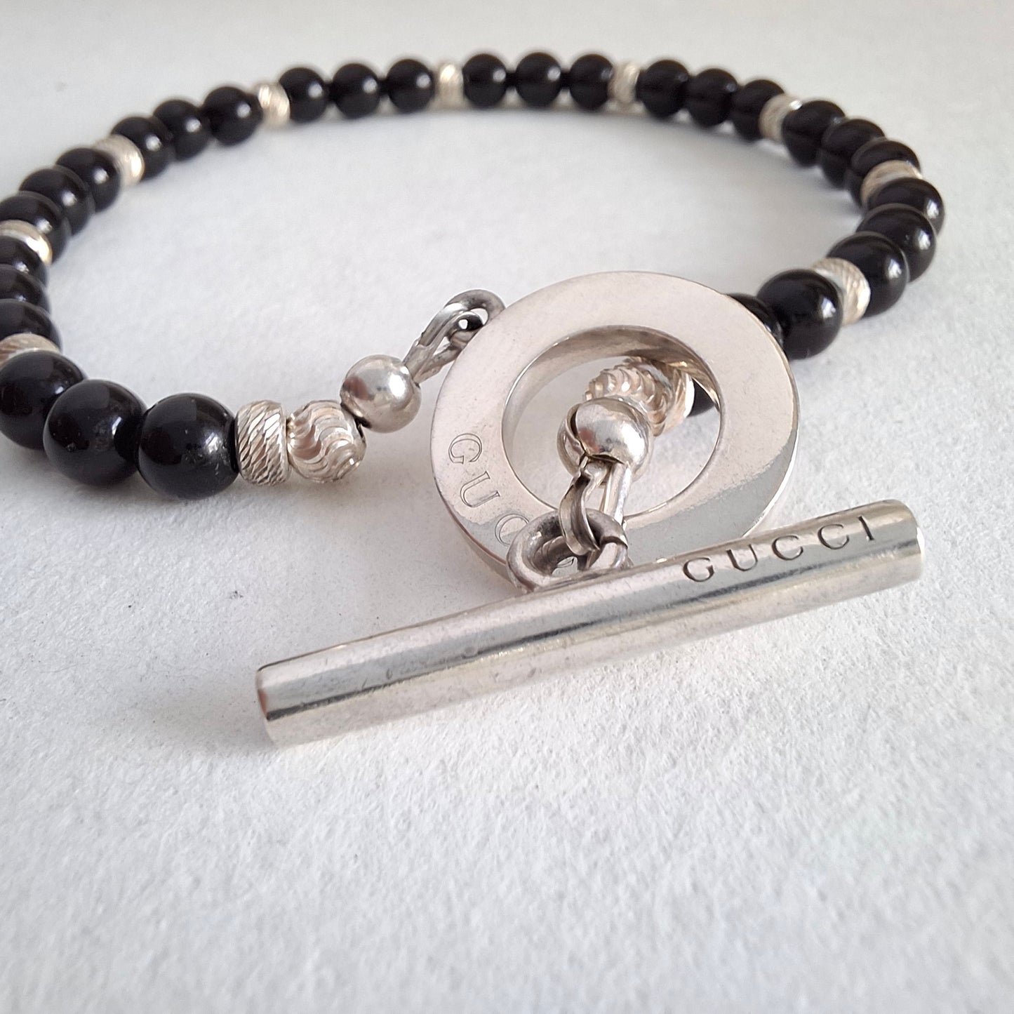 Gucci Black Onyx Boule Bead Bracelet with Diamond Cut Silver Beads